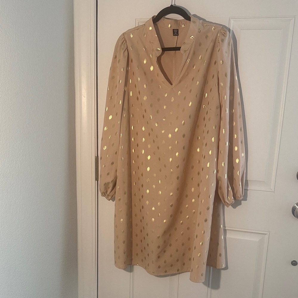 SHEIN Curve Neutral Gold Dot Long Sleeve Shift Dress